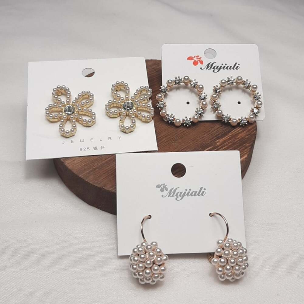 Three Pair Earrings Tiny Faux Pearls & Rhinestones